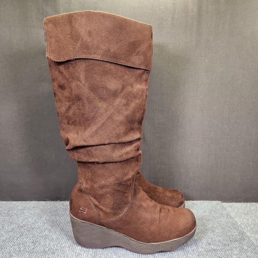 Vintage Skechers Tall Boots Womens Size 6.5 Brown Faux Suede 3" Wedge Heels